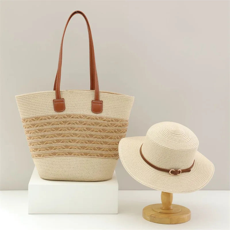 Ensemble Estival USPOP : Chapeau et Sac en Paille pour des Vacances à la Plage Élégantes